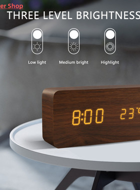 Alarm Clock LED Wooden Watch Table Voice Control Digital Woo