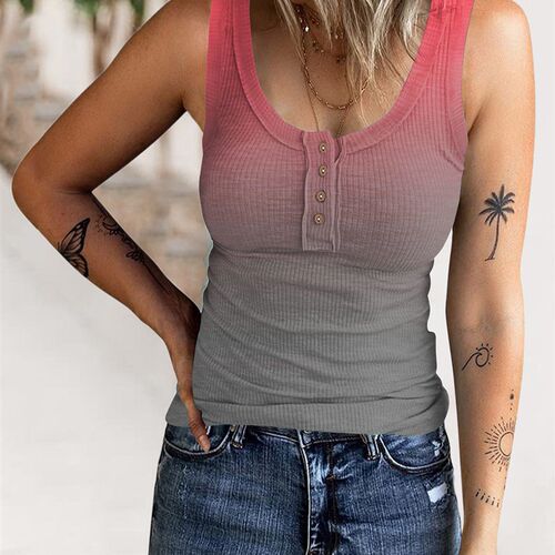 Fashion Womens Summer New Button Thread Gradient Printed