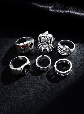 Sindlan 6Pcs Punk Poker Joker Silver Color Rings for Men Got
