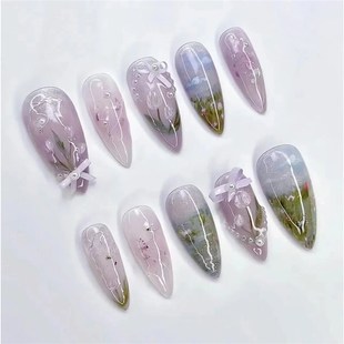 Nail Flora Almond Nails Glue with Press 24Pcs Mori Girl