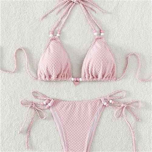ribbed swimwear halter swim pearls bathing bather female