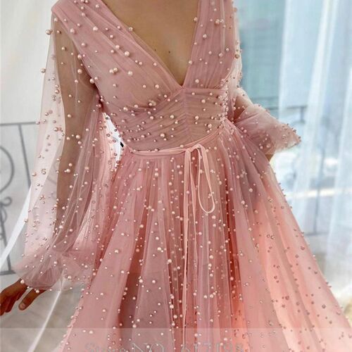 V-neck Cap Sleeves Pink Pearls Material Long Sleeve Prom Dre