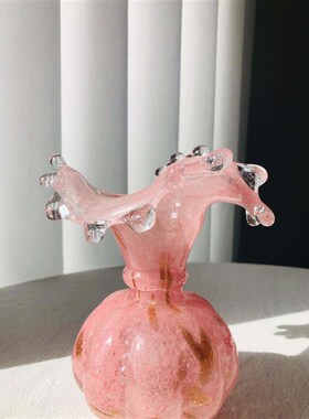 爆款中古玻璃花瓶温柔水滴芬顿雾粉洒金肌理小众复古手工琉璃花器