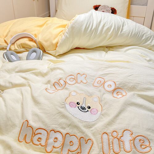 Cute washed cotton embroidery four piece set ins cartoon st