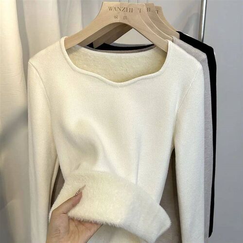 Womens Warm Flannel Square-Neck Sweater with Thick Padding