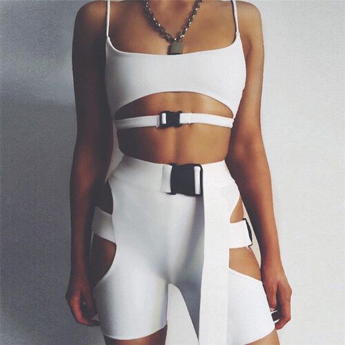 Summer Women Two Piece Set Shorts Set Button Crop top Hollow