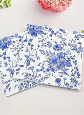 100 Pcs Blue White Napkins Paper Dinner Floral Decorative