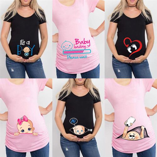 Summer Funny Cartoon Print Maternity Pink Clothing Plus-Size