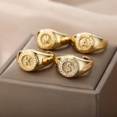 Vintage Initial Letter Signet Rings For Women Stainless Stee