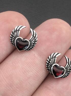Indie Gothic Silver Colour Vintage Blood Red Heart with Wing