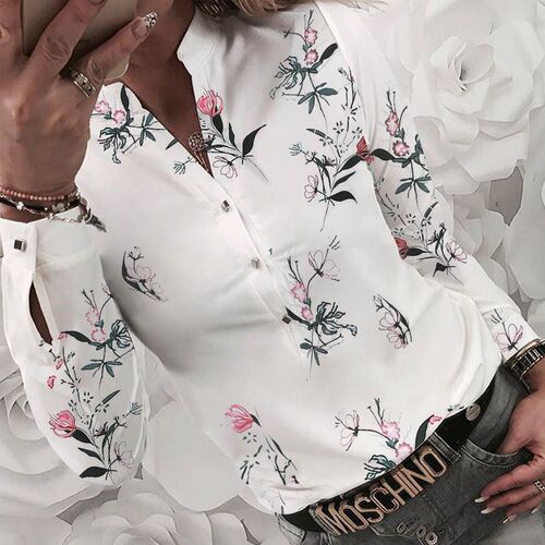 Women Shirt Floral  Long Sleeve V-neck Printed Shirt Spring