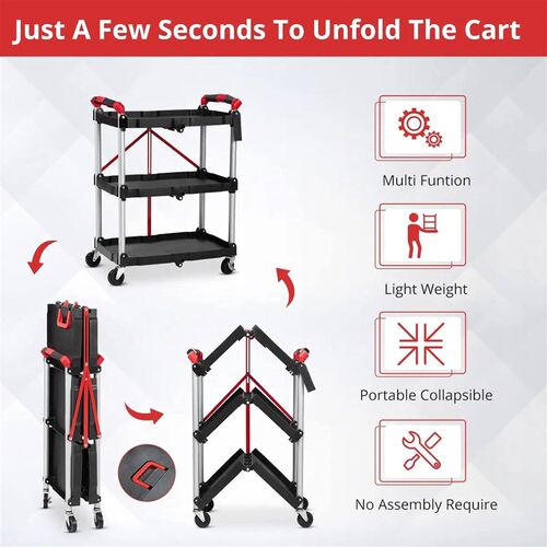 Portable Folding Service Cart, 3 Tier Folding Utility Cart ,