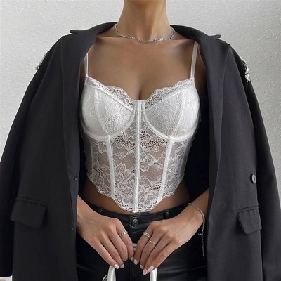 Lace Mesh Halter Bustier Corset White Top Summer Women Fashi