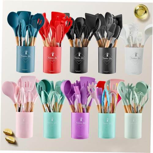 Wood handle silicone kitchen 11-piece storage bucket cooking