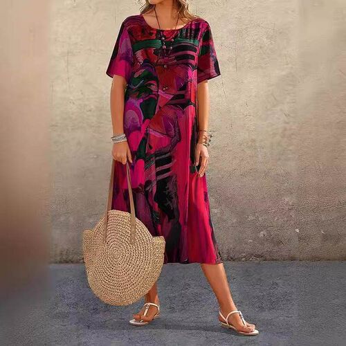 Printed dress summer short sleeved waist tied beach long