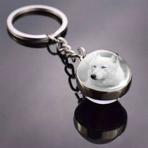 Animal Keychain Tiger Wolf Fox Lion Double Side Glass Ball K