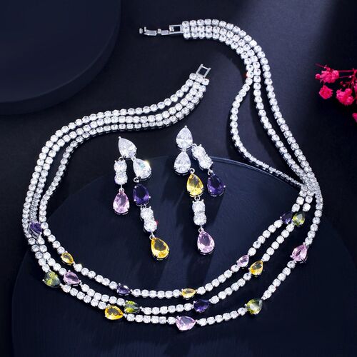 ThreeGraces Shiny Colorful Cubic Zirconia 3 Rows Multi Layer