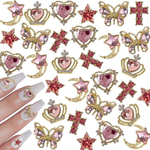 30Pcs Pink Nail Charms Alloy Rhinestones 3D Star Butterfly H