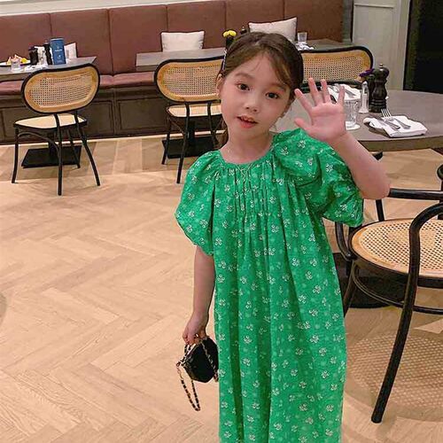 Childrens Floral Dress Summer Girls Puff Sleeve Skirt Chil