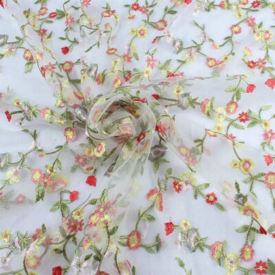 Allover embroidered floral gauze lace net fabric flowers Wed