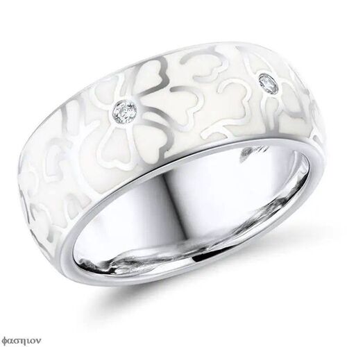 Handmade Ceramic Ring For Women Elegant White Flowers Patter
