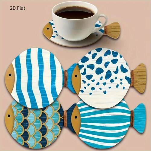 4pcs Whimsical Fish-Shaped Wooden Coasters - Vibrant Blue &