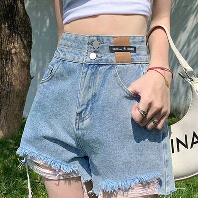 Raw edge denim shorts for women, summer new style, high wais