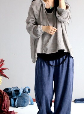 Women Loose Rough Cotton Linen Thin Sunscreen Tops Shirt Lad