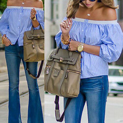 Womens Off-shoulder Striped Tops Ladies Casual Party