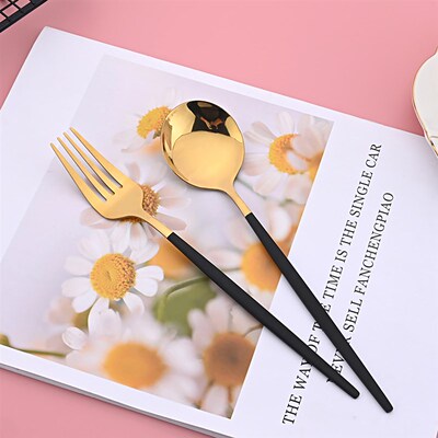 Dinnerware Black Gold Stainless Steel Cutlery Set Flatware D