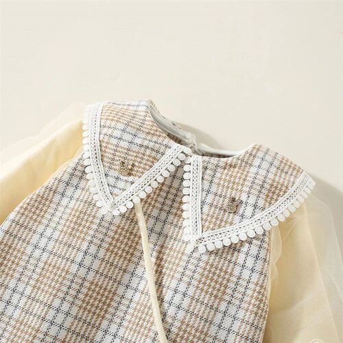 New Winter Baby Girls Dress Bubble Sleeve Lapel Plaid Patter