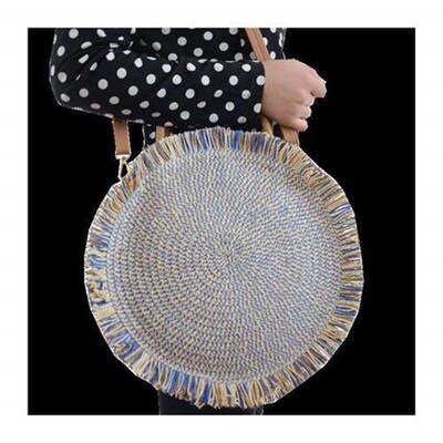 Round Fringed Straw Bag One Shoulder Handheld Beach Casual W