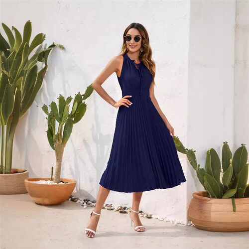 Lace-up High Waist Pleated Woolen Ball Dress Sleeveless Dres