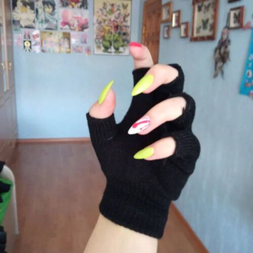 1pair Black Short Half Finger Fingerless Knit Wrist Glove Wi