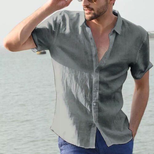 Mens Linen Shirts White Short Sleeve Male Shirt Blouses Soli