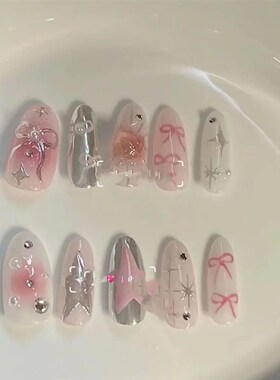 10Pcs Pink Handmade Press on Nails Full Cover Bow Tie Rhines