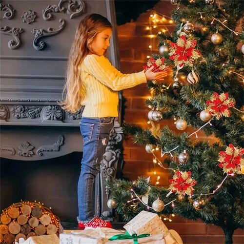 5pcs 14.5cm Christmas Tree Flower Glitter Artifical Flowers