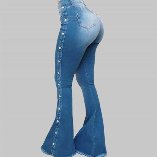 Mid Waisted Sretch Flare Jeans Women Denim Pants Wide Leg Bu