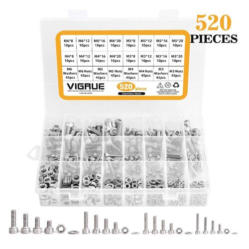 520pcs Stainless Steel Screws Nuts Washers M3 M4 M5 M6 Hex