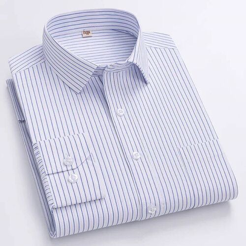 Men Formal Shirt Long Sleeve Office Solid Color Striped Anti