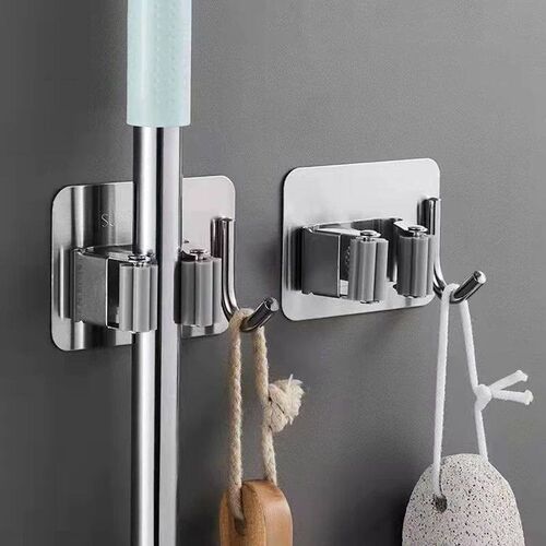 1/2ps Wall Mounted Mop Organizer Clips Self-Adhesive Bathroo