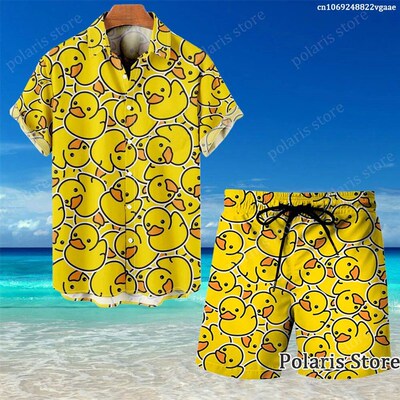 Summer Cartoon Duck Hawaiian Shirt Set Vacation Outfits For