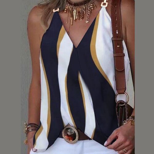 Womens Summer Simple V-neck Metal Buckle Printed Tank Top 2