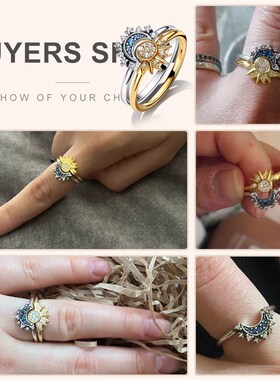 Summer Celestial Blue Sparkling Moon And Sun Ring For Women