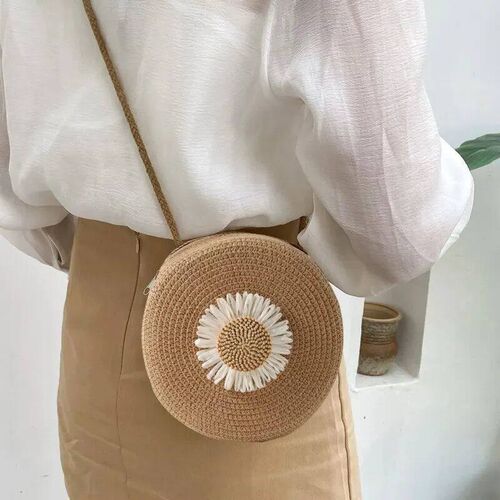 Flower Graphic Circle Straw Bag, Vintage Shoulder Beach Bag,