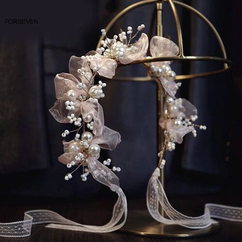 Elegant Pearl Headband Pink Flower Sweet Bridal Wedding Hair