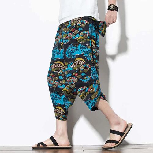 Summer linen cropped pants mens bloomers large size loose c