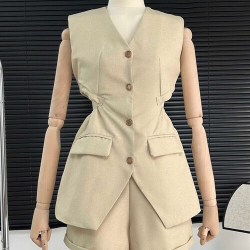 Elegant Fashion Sreetwear Two Piece Set Women Sleeveless Bla