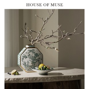 缪斯家 东方花鸟喜上眉梢手绘陶瓷果盘客厅家用托盘中式高脚盘