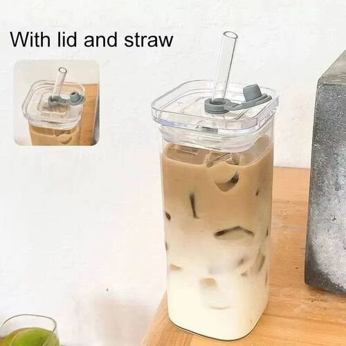 2025 New 400ML Creative Simple Square Glass With Lid And Str